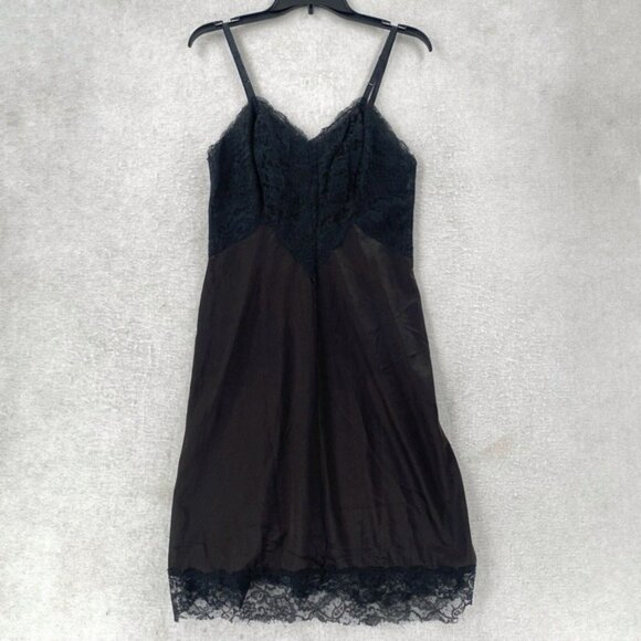 Vintage Vanity Fair Nightgown Size 36 Nylon Sexy Lace Black Brown Slip Dress - Picture 2 of 11